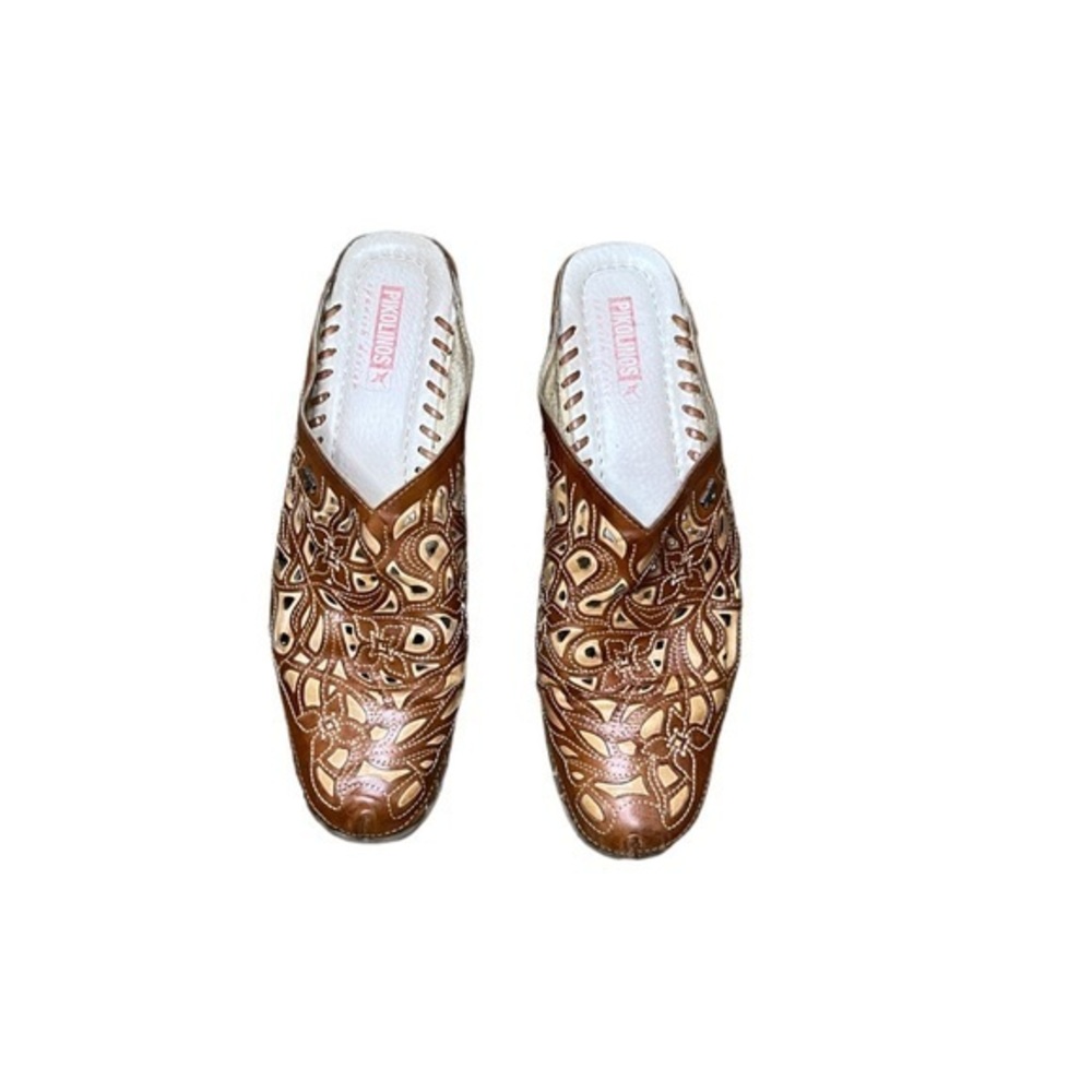 Pikolinos Brown Leather Pierced Tooled Floral‎ Cut-Out Slip On Mule US 10.5 - 11